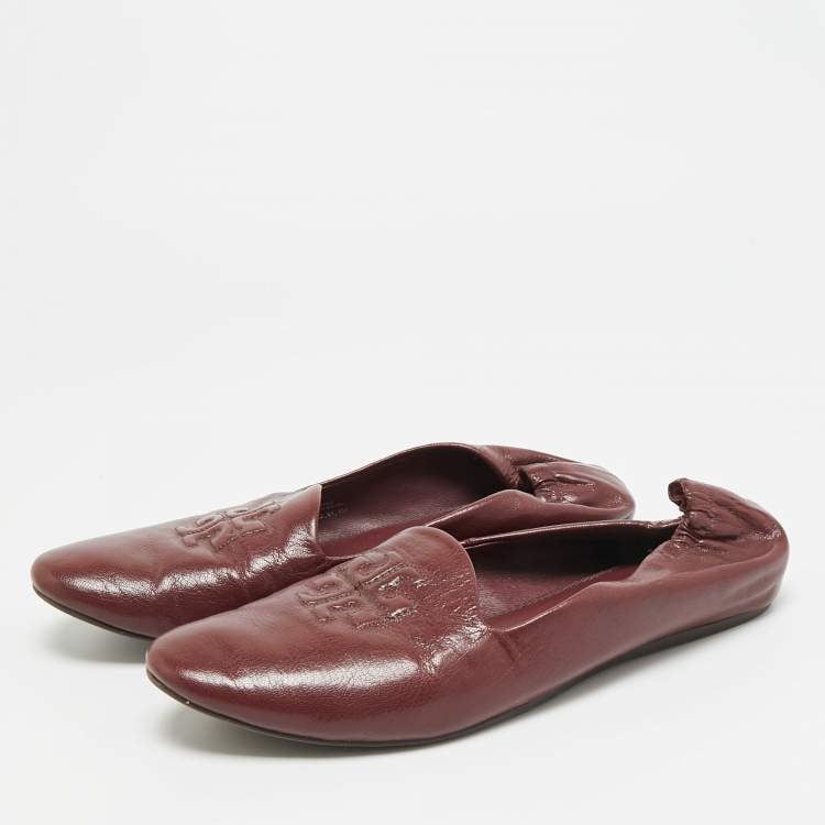 Pre Owned Tory Burch Reva Size 38 Burgundy Leather scrunch Ballet Flats