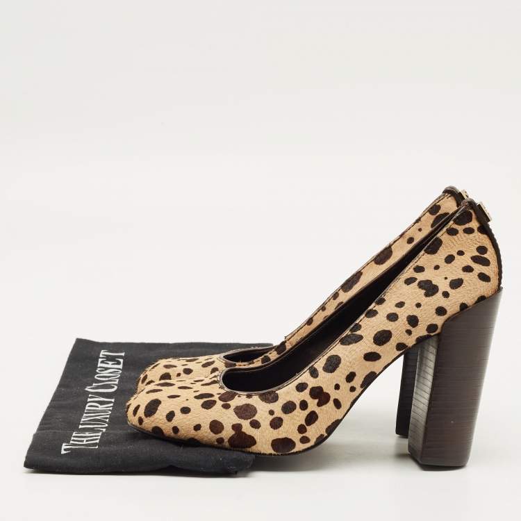 Pre Owned Tory Burch Size 37 Brown/Beige Leopard Print Calf Hair Block Heel Pumps