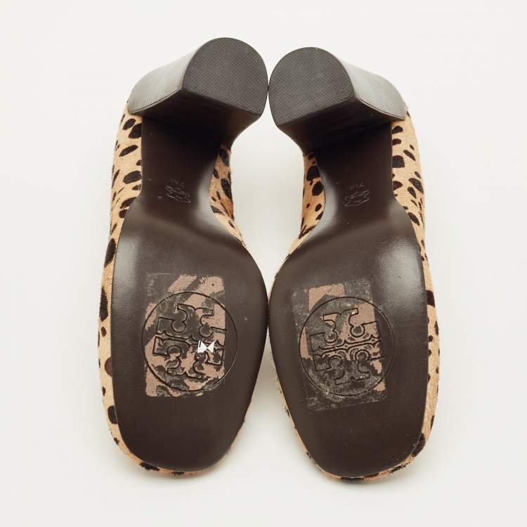 Pre Owned Tory Burch Size 37 Brown/Beige Leopard Print Calf Hair Block Heel Pumps