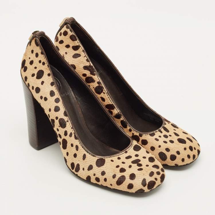 Pre Owned Tory Burch Size 37 Brown/Beige Leopard Print Calf Hair Block Heel Pumps