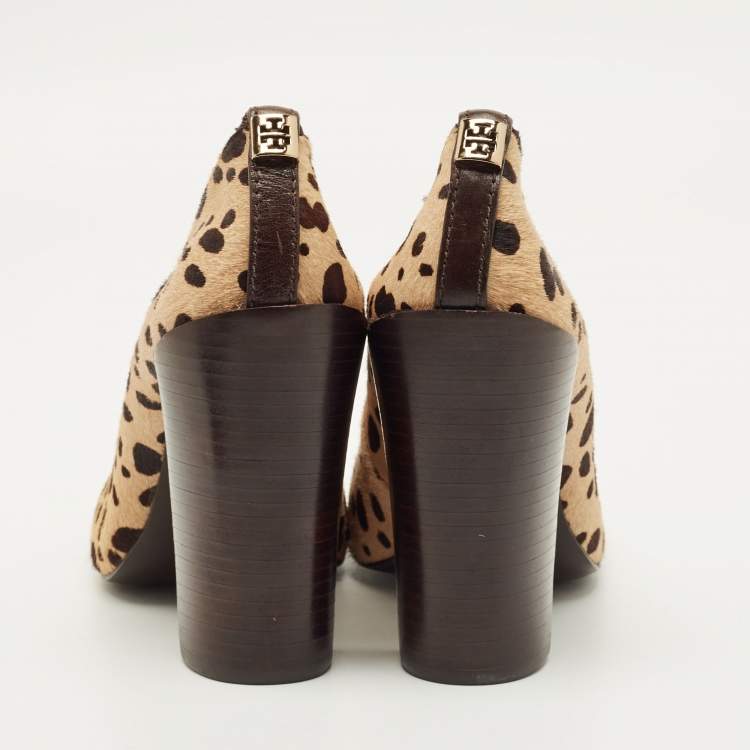 Pre Owned Tory Burch Size 37 Brown/Beige Leopard Print Calf Hair Block Heel Pumps