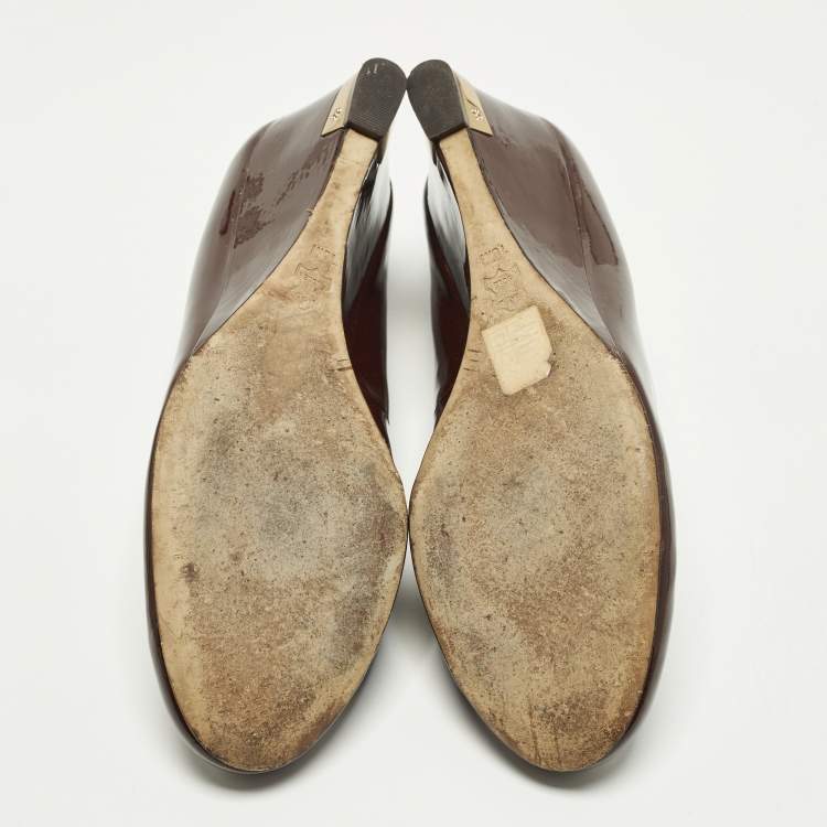 Pre Owned Tory Burch Size 40 Burgundy Leather Wedge Pumps