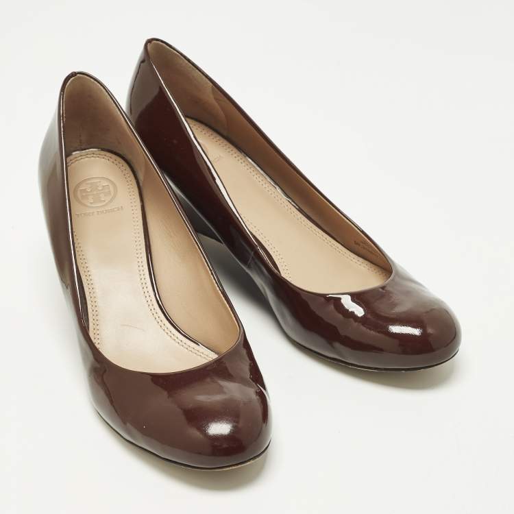 Pre Owned Tory Burch Size 40 Burgundy Leather Wedge Pumps
