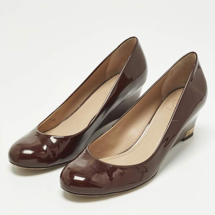 Pre Owned Tory Burch Size 40 Burgundy Leather Wedge Pumps