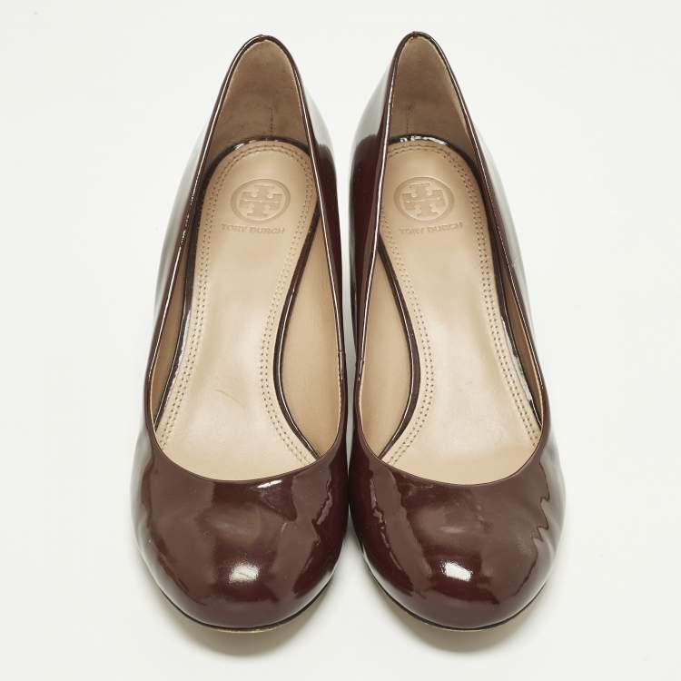 Pre Owned Tory Burch Size 40 Burgundy Leather Wedge Pumps