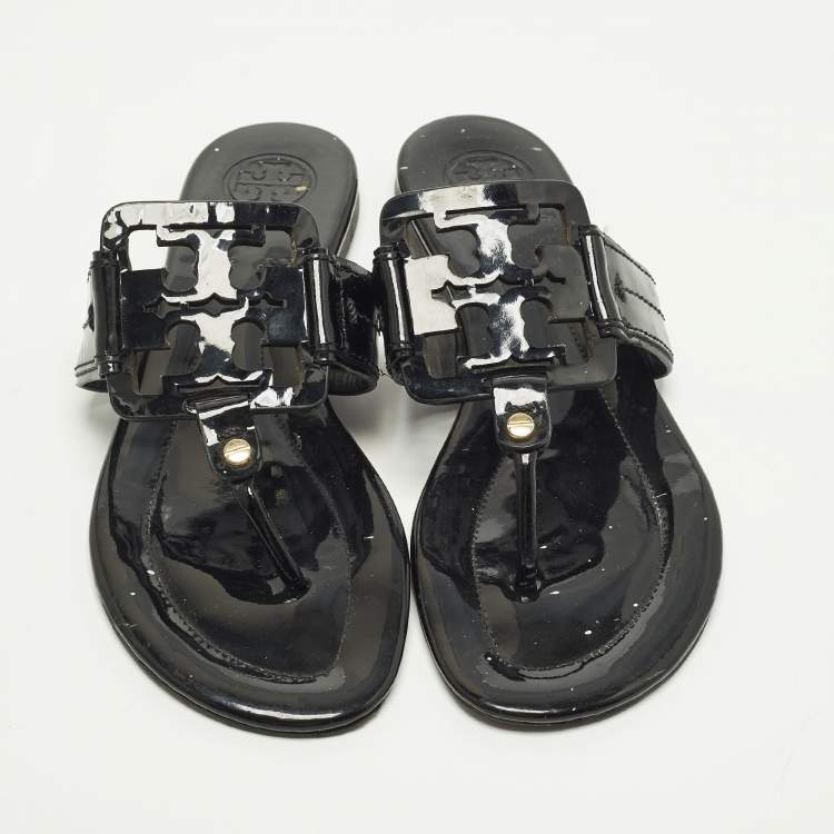 Pre Owned Tory Burch Miller Size 38.5 Black Patent Leather Thong Flats