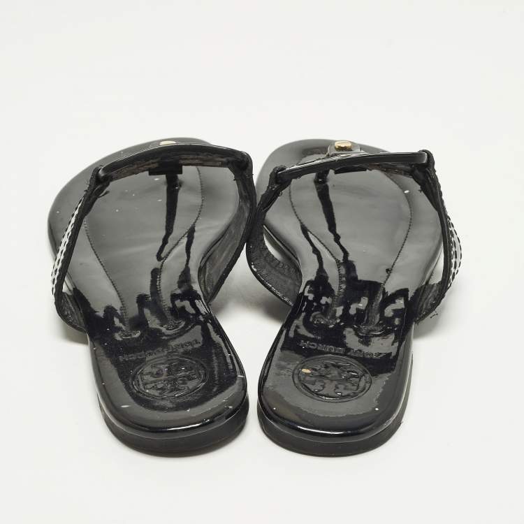 Pre Owned Tory Burch Miller Size 38.5 Black Patent Leather Thong Flats