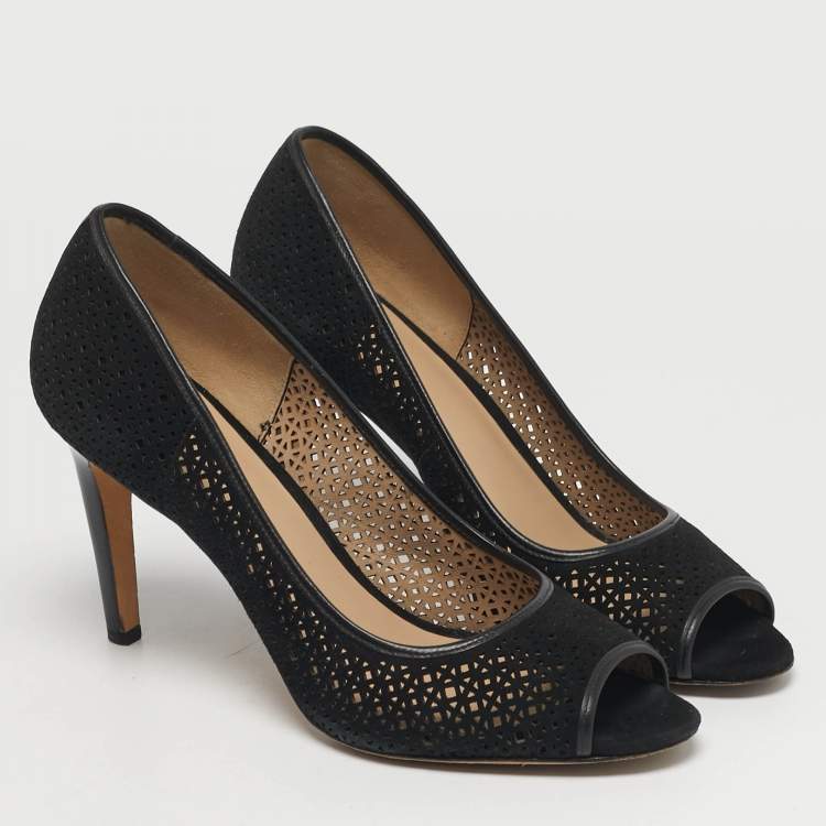 Pre Owned Tory Burch Elinor 90 mm Size 40 Black Laser Cut Suede Peep Toe Pumps