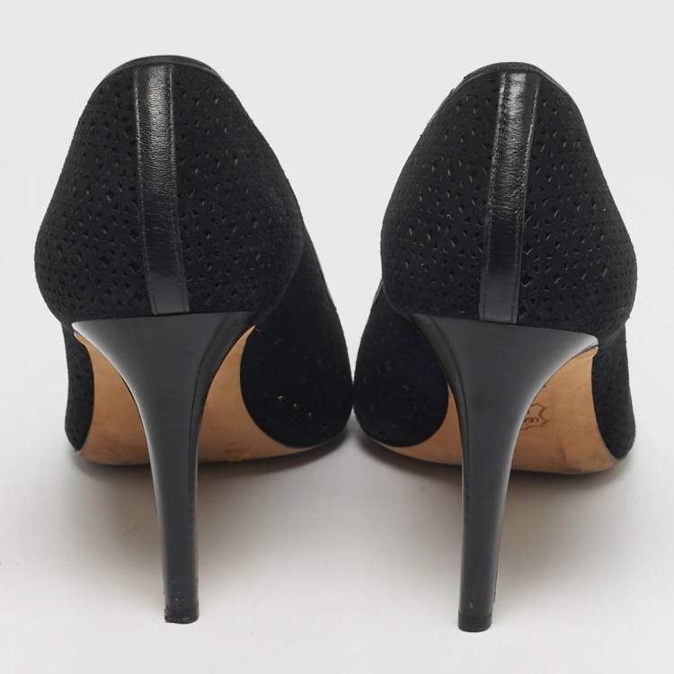 Pre Owned Tory Burch Elinor 90 mm Size 40 Black Laser Cut Suede Peep Toe Pumps