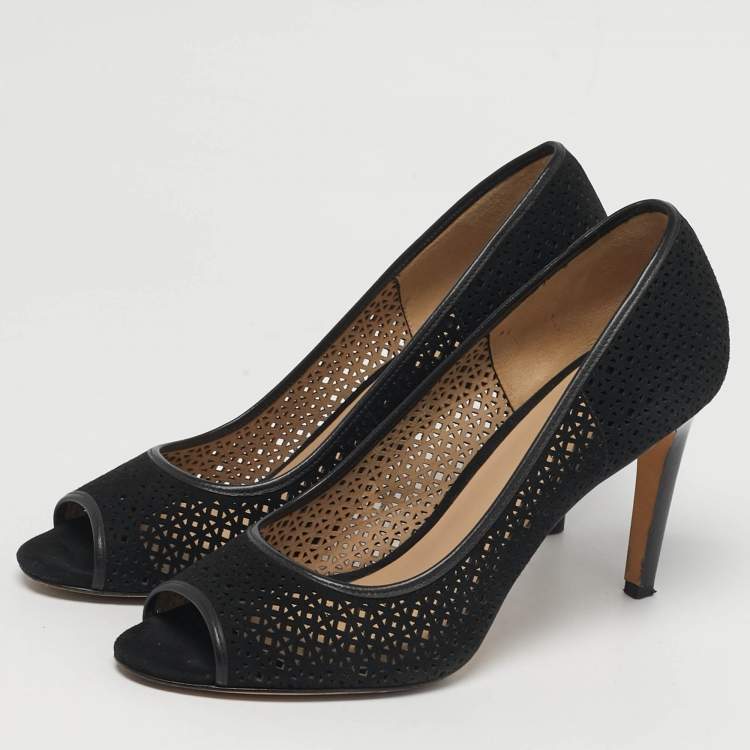 Pre Owned Tory Burch Elinor 90 mm Size 40 Black Laser Cut Suede Peep Toe Pumps