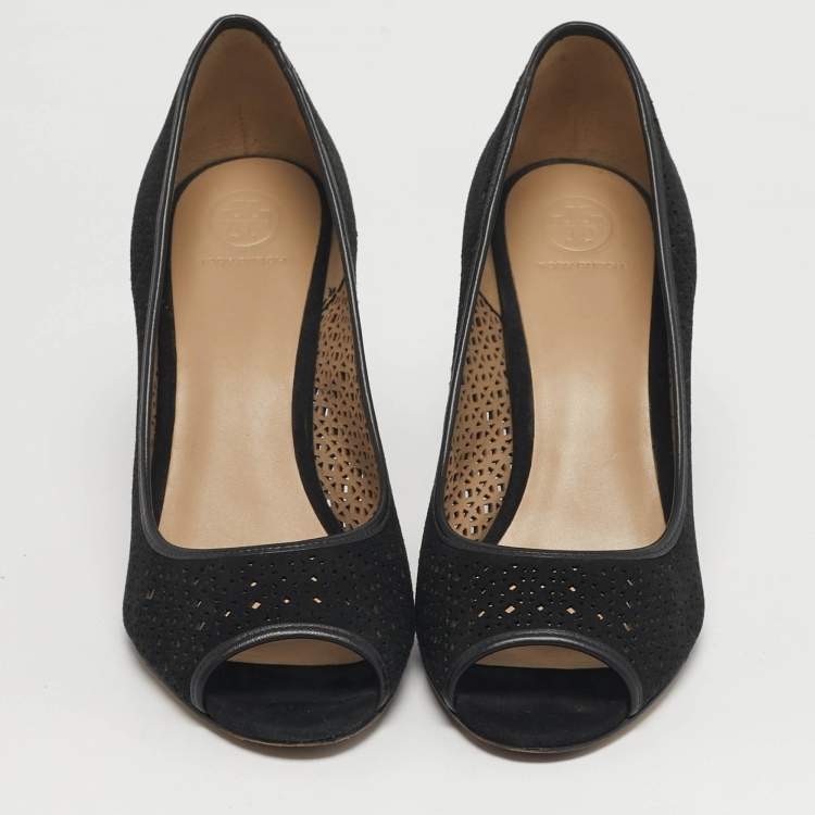 Pre Owned Tory Burch Elinor 90 mm Size 40 Black Laser Cut Suede Peep Toe Pumps