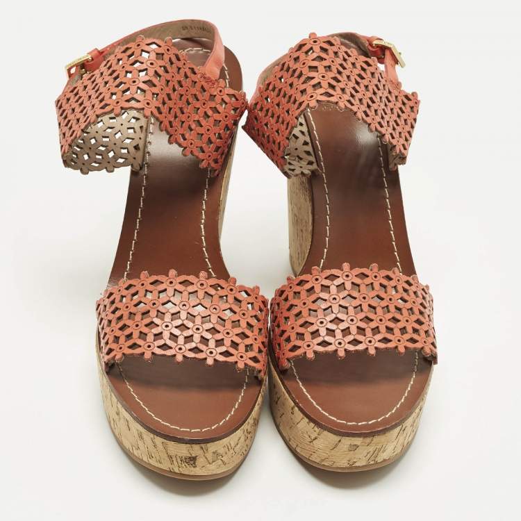 Pre Owned Tory Burch Daisy Size 41 Orange  Perforated Leather Wedge Sandals