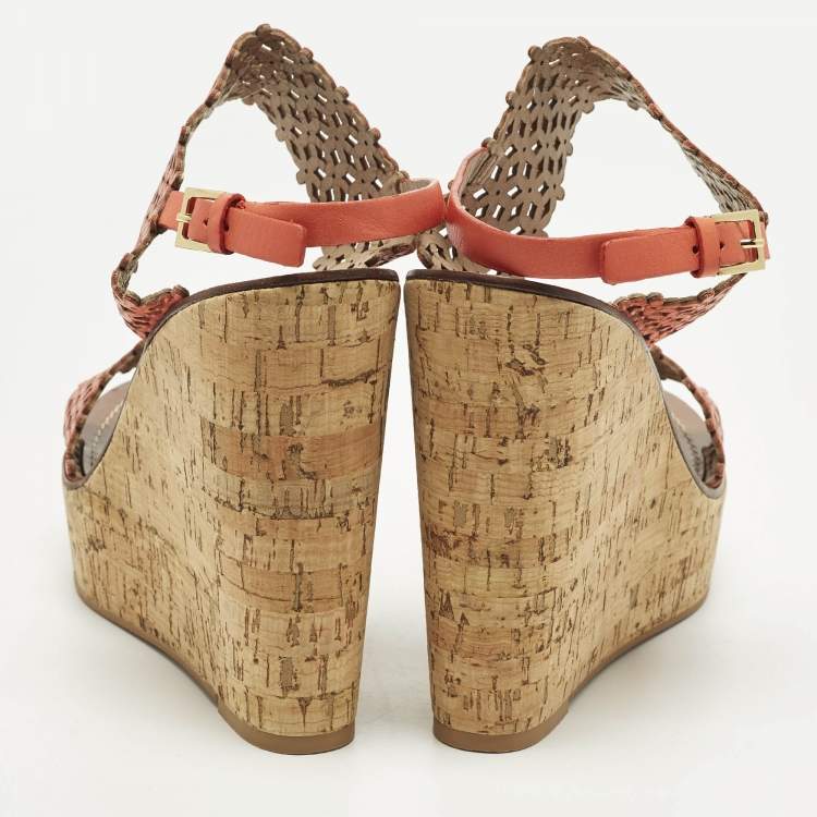 Pre Owned Tory Burch Daisy Size 41 Orange  Perforated Leather Wedge Sandals