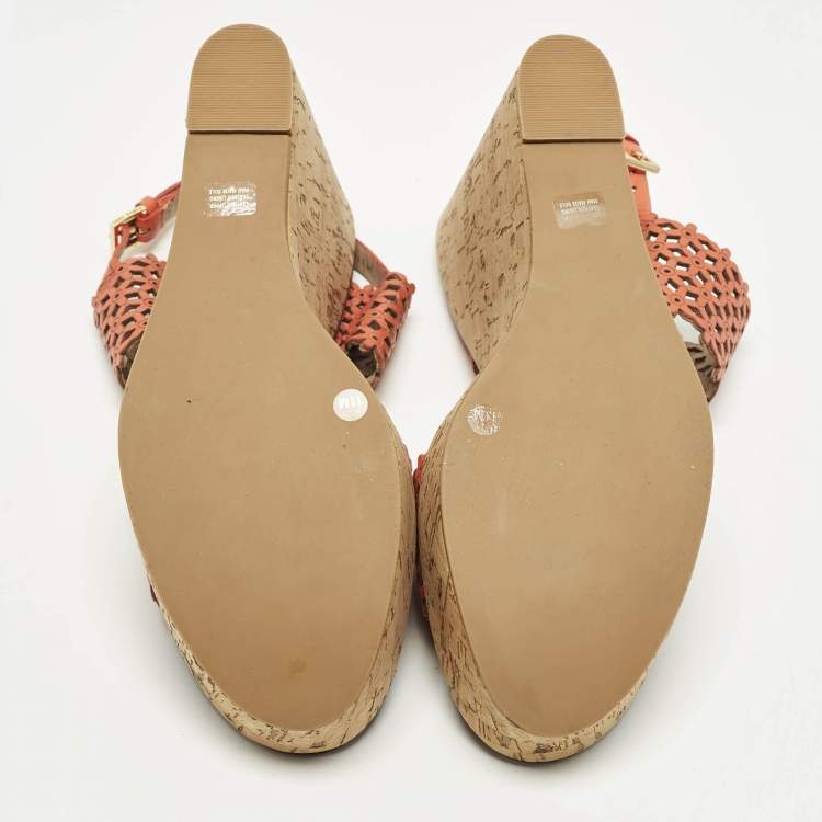 Pre Owned Tory Burch Daisy Size 41 Orange  Perforated Leather Wedge Sandals