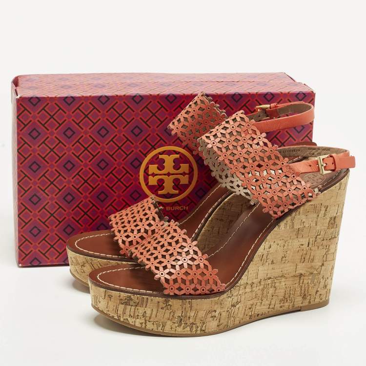 Pre Owned Tory Burch Daisy Size 41 Orange  Perforated Leather Wedge Sandals