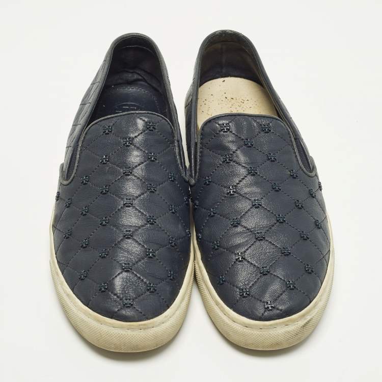 Pre Owned Tory Burch Size 39 Navy Blue Quilted Leather Logo Embellished  Slip On Sneakers