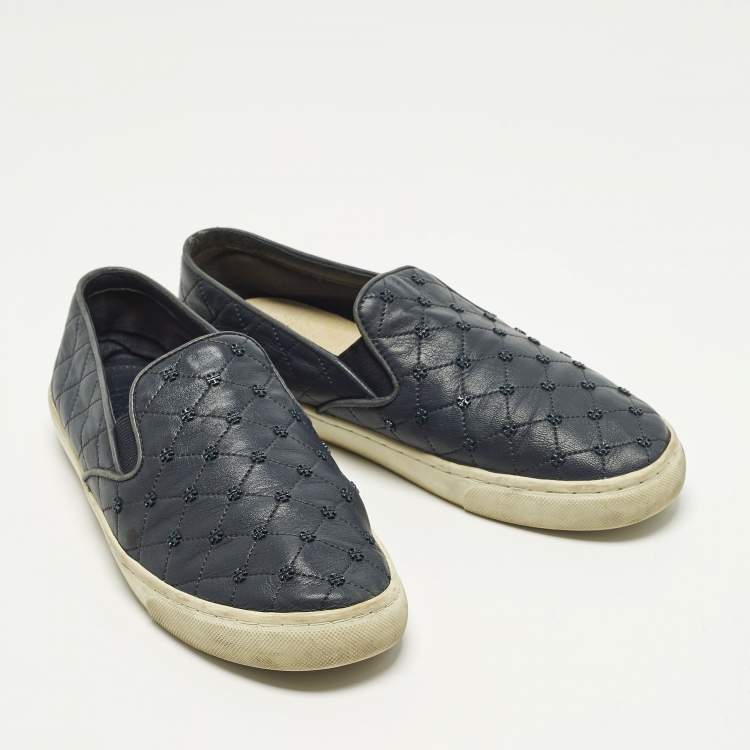 Pre Owned Tory Burch Size 39 Navy Blue Quilted Leather Logo Embellished  Slip On Sneakers