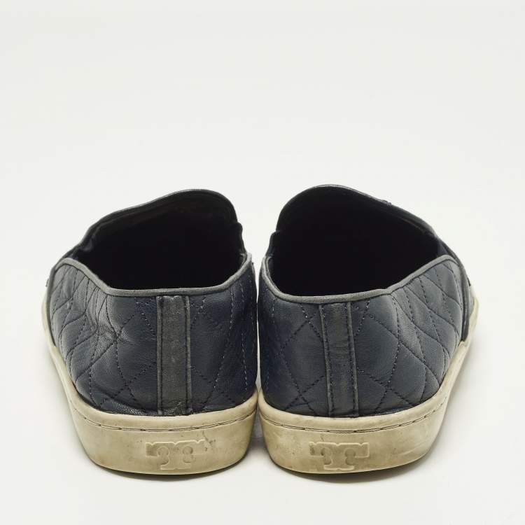 Pre Owned Tory Burch Size 39 Navy Blue Quilted Leather Logo Embellished  Slip On Sneakers