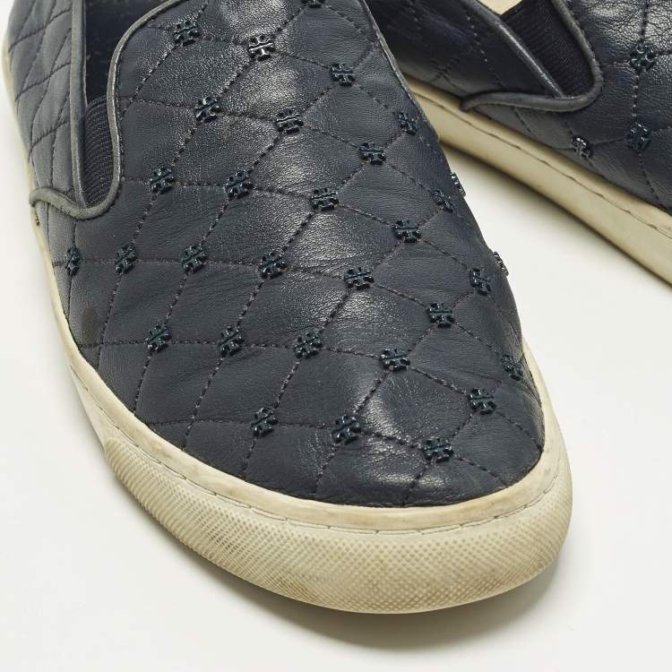Pre Owned Tory Burch Size 39 Navy Blue Quilted Leather Logo Embellished  Slip On Sneakers