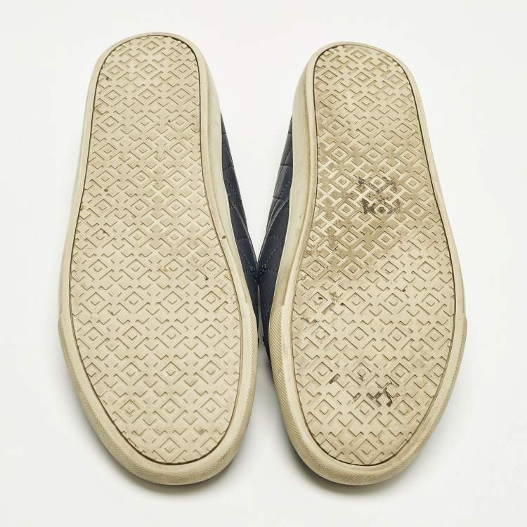 Pre Owned Tory Burch Size 39 Navy Blue Quilted Leather Logo Embellished  Slip On Sneakers