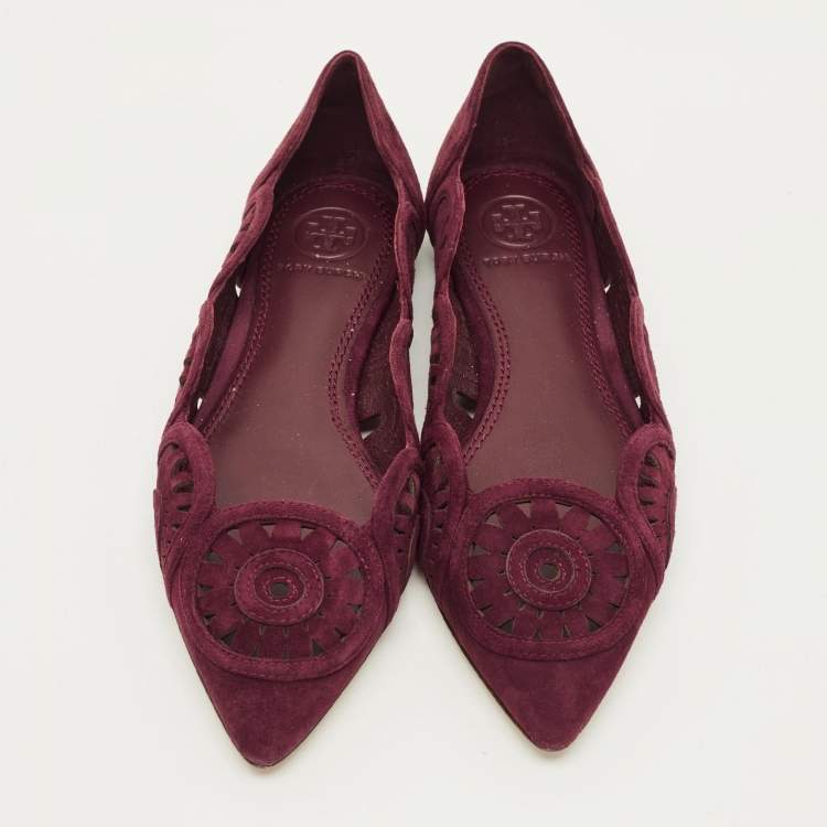 مملوكة مسبقًا Tory Burch Leyla Size 35 Burgundy Laser Cut Suede Ballet Flats