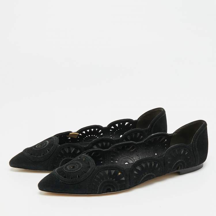 Pre Owned Tory Burch Leyla Size 35 Black Suede Laser Cut Pointed Toe Ballet Flats