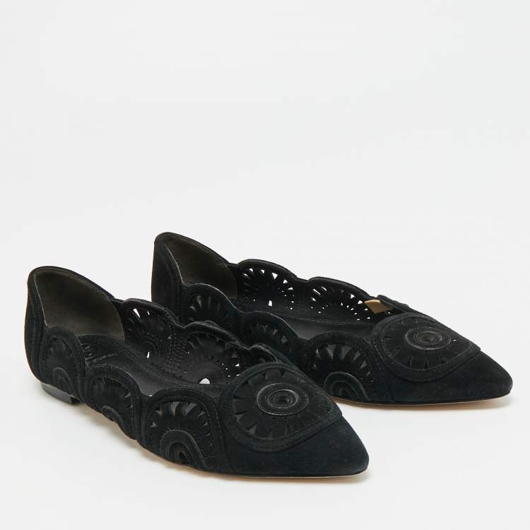 Pre Owned Tory Burch Leyla Size 35 Black Suede Laser Cut Pointed Toe Ballet Flats