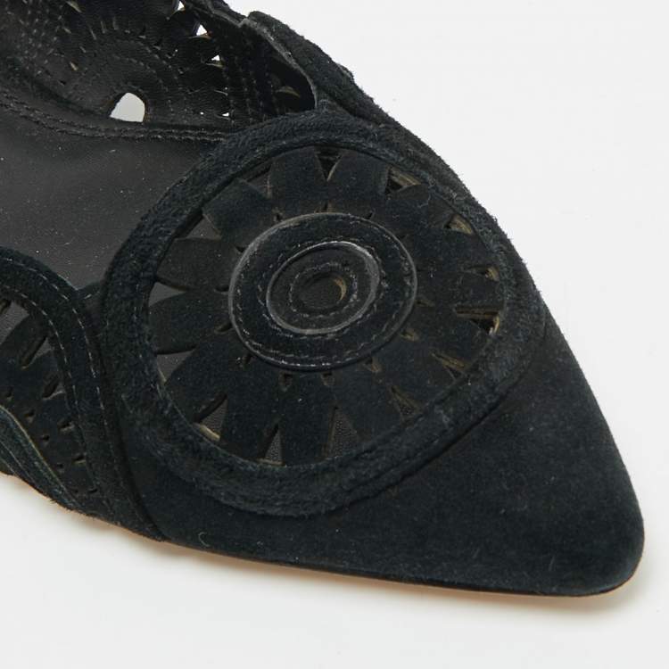 Pre Owned Tory Burch Leyla Size 35 Black Suede Laser Cut Pointed Toe Ballet Flats