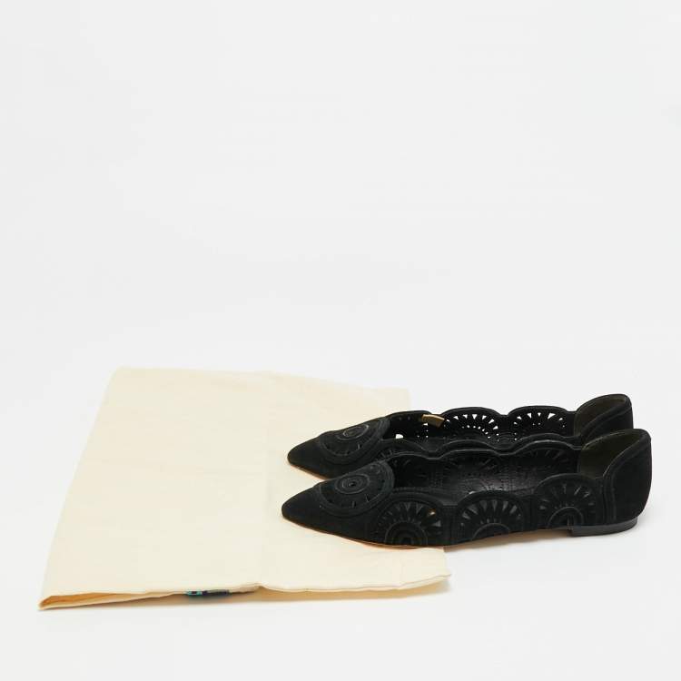 Pre Owned Tory Burch Leyla Size 35 Black Suede Laser Cut Pointed Toe Ballet Flats