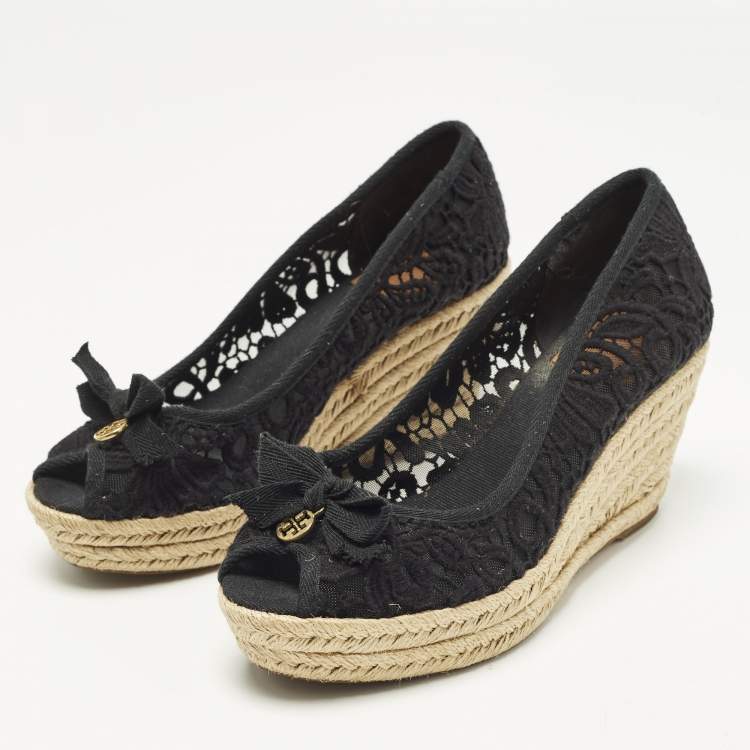 Pre Owned Tory Burch Jackie Size 38.5 Black Mesh Wedge Espadrille Pumps
