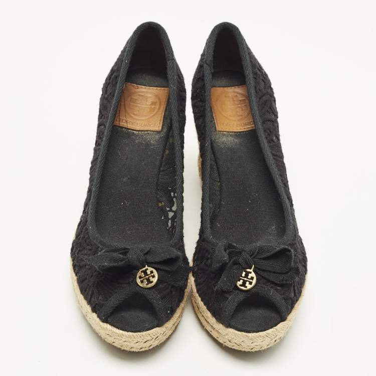 Pre Owned Tory Burch Jackie Size 38.5 Black Mesh Wedge Espadrille Pumps