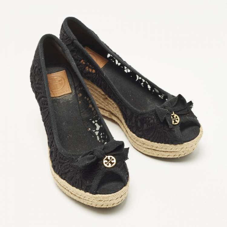 Pre Owned Tory Burch Jackie Size 38.5 Black Mesh Wedge Espadrille Pumps