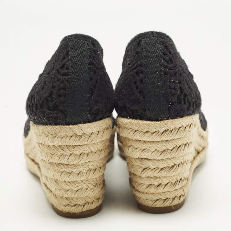 Pre Owned Tory Burch Jackie Size 38.5 Black Mesh Wedge Espadrille Pumps