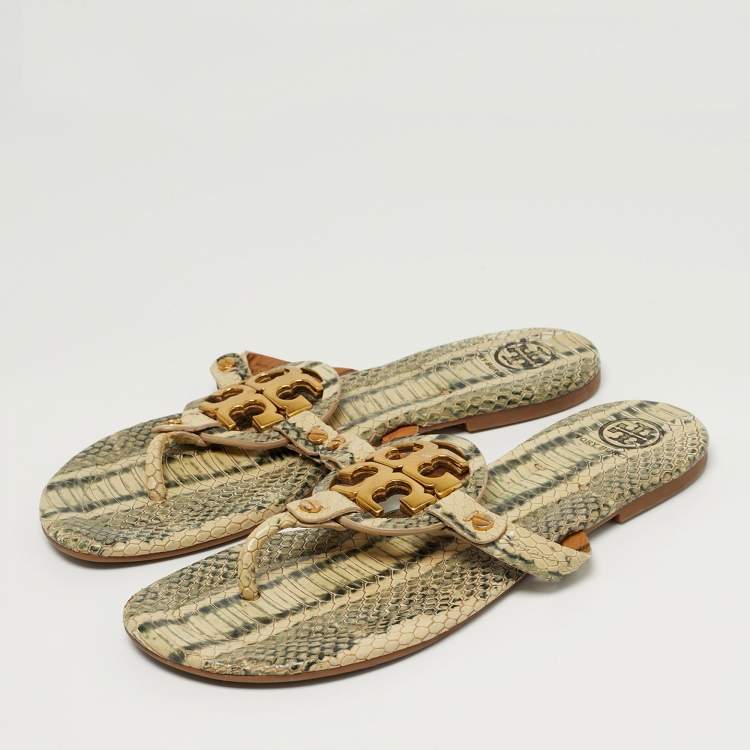 Pre Owned Tory Burch Miller Size 38.5 Grey/Green Python Embossed Leather Thong Flats