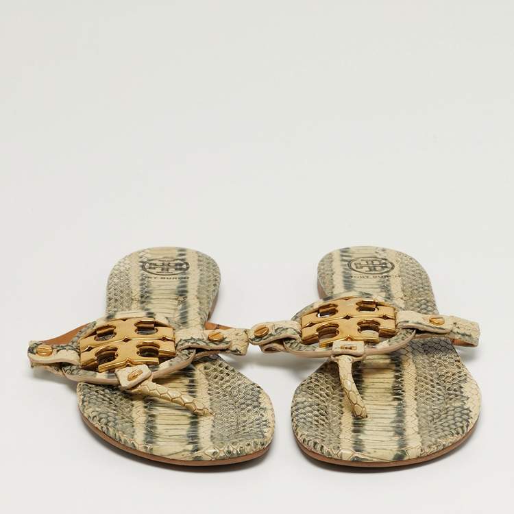 Pre Owned Tory Burch Miller Size 38.5 Grey/Green Python Embossed Leather Thong Flats