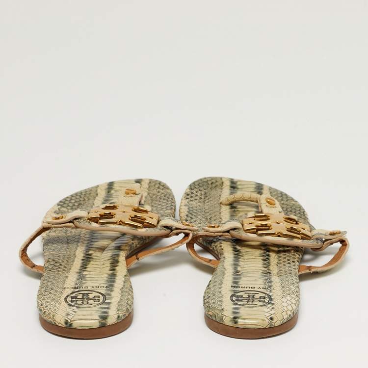 Pre Owned Tory Burch Miller Size 38.5 Grey/Green Python Embossed Leather Thong Flats