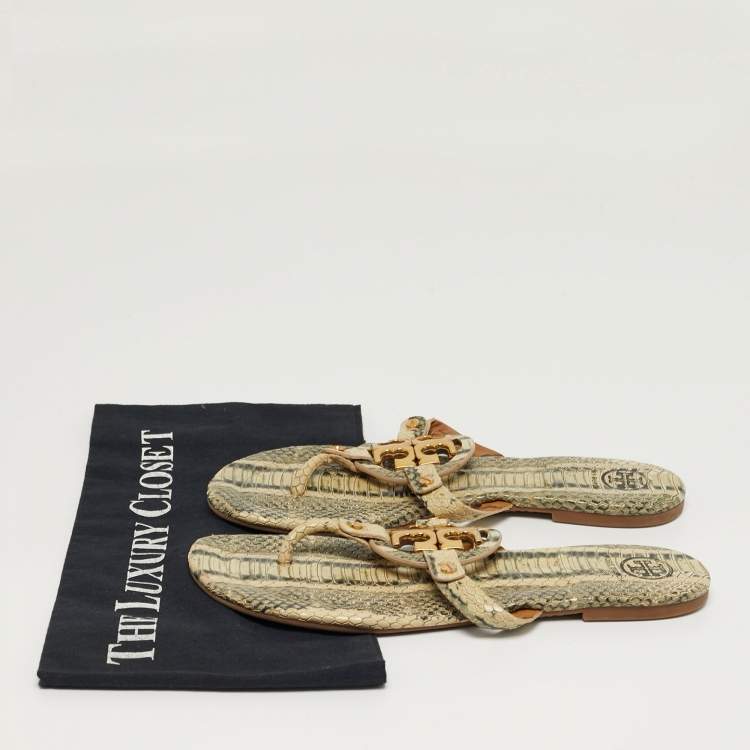 Pre Owned Tory Burch Miller Size 38.5 Grey/Green Python Embossed Leather Thong Flats
