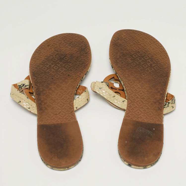 Pre Owned Tory Burch Miller Size 38.5 Grey/Green Python Embossed Leather Thong Flats