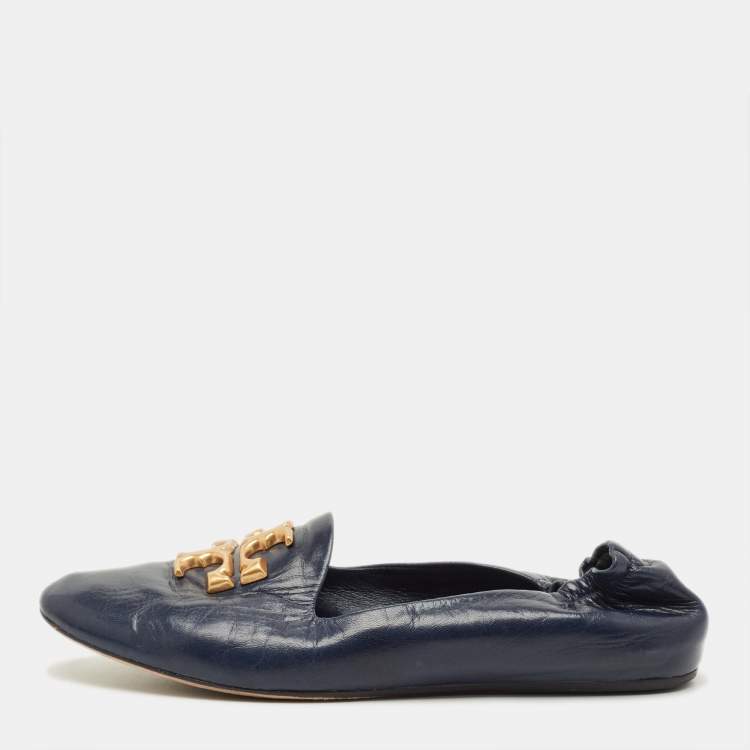Pre Owned Tory Burch eleanor Size 37 Navy Blue Leather Loafers