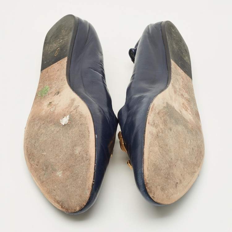 Pre Owned Tory Burch eleanor Size 37 Navy Blue Leather Loafers