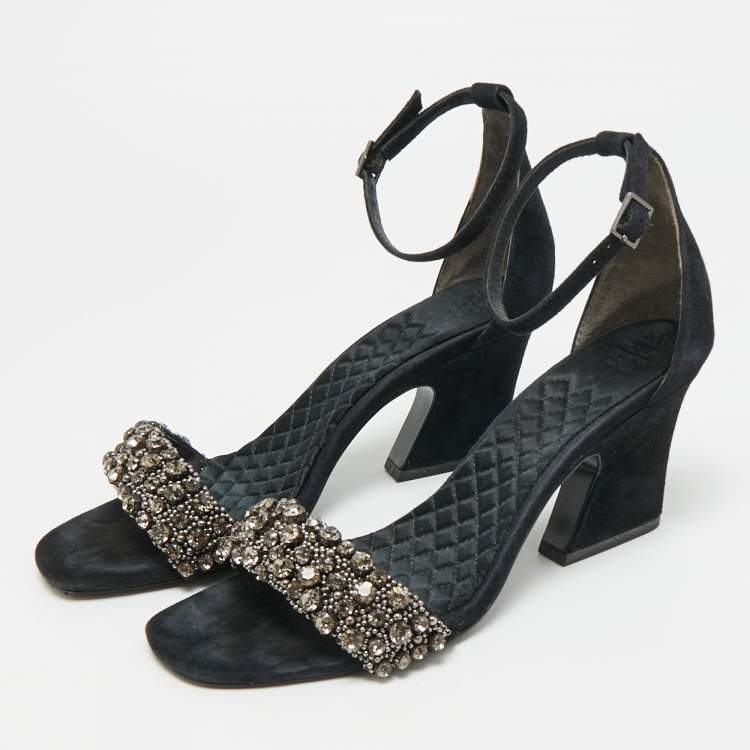 مملوكة مسبقًا Tory Burch Size 39.5 Black Suede Crystal Embellished Ankle Strap Sandals