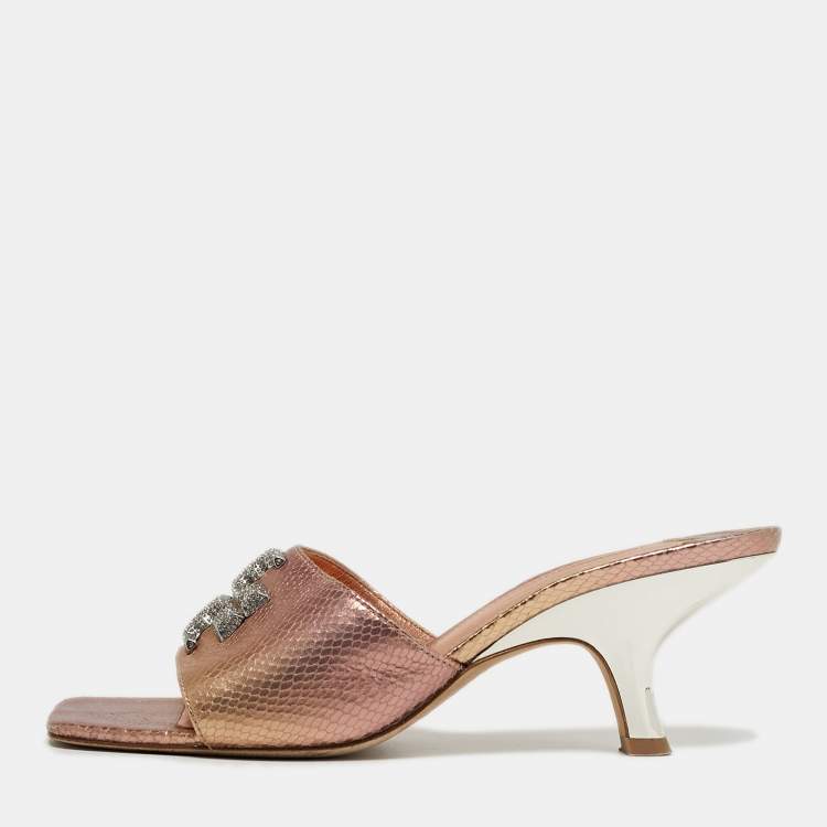 Pre Owned Tory Burch Eleanor Size 37 Metallic Snakeskin Embossed Leather Mules