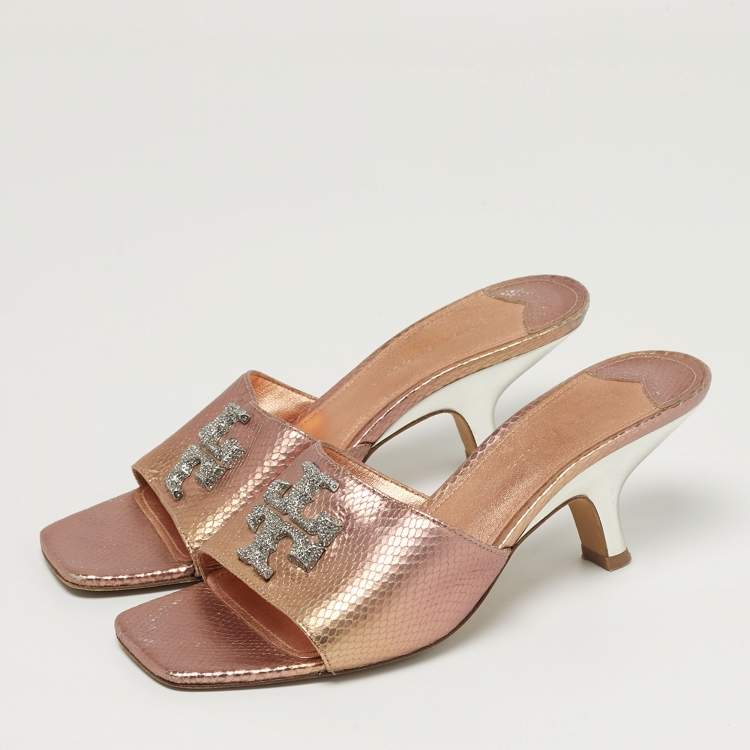 Pre Owned Tory Burch Eleanor Size 37 Metallic Snakeskin Embossed Leather Mules