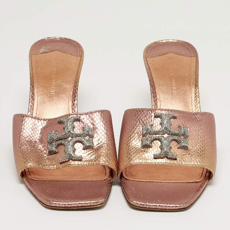 Pre Owned Tory Burch Eleanor Size 37 Metallic Snakeskin Embossed Leather Mules