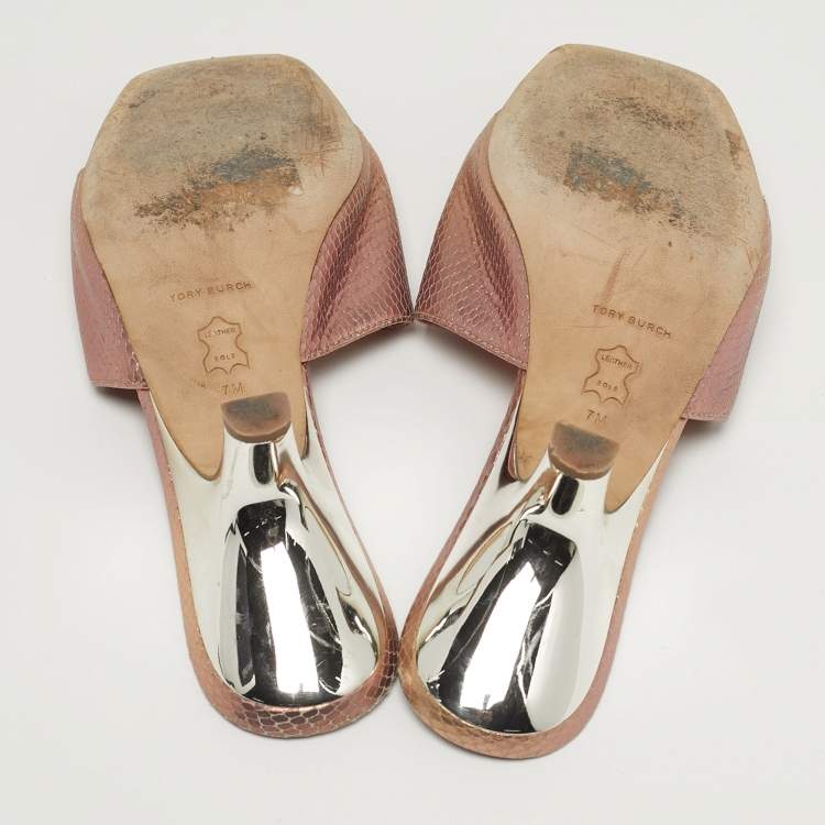 Pre Owned Tory Burch Eleanor Size 37 Metallic Snakeskin Embossed Leather Mules