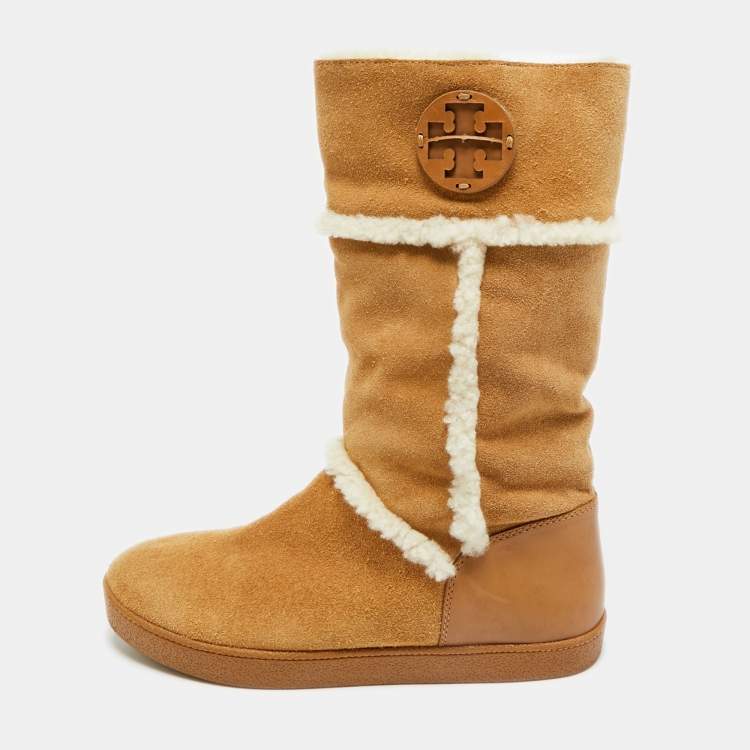 Pre Owned Tory Burch Amalia Size 38 Beige Fur and Suede Ankle Length Boots