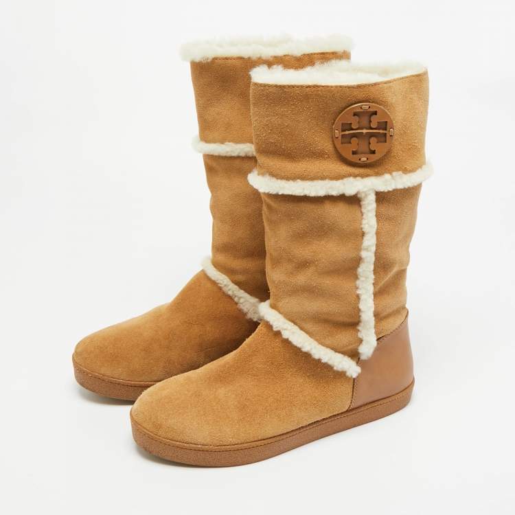Pre Owned Tory Burch Amalia Size 38 Beige Fur and Suede Ankle Length Boots