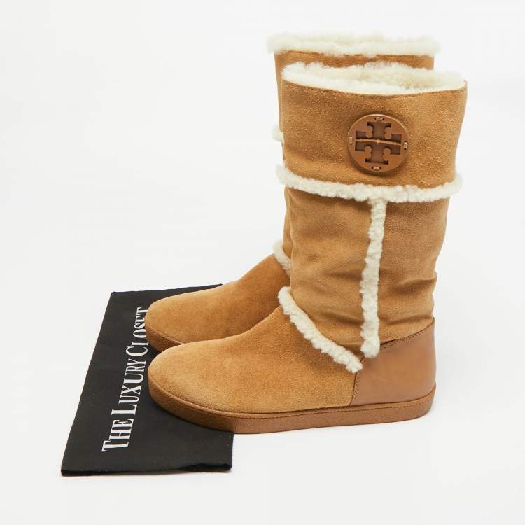 Pre Owned Tory Burch Amalia Size 38 Beige Fur and Suede Ankle Length Boots
