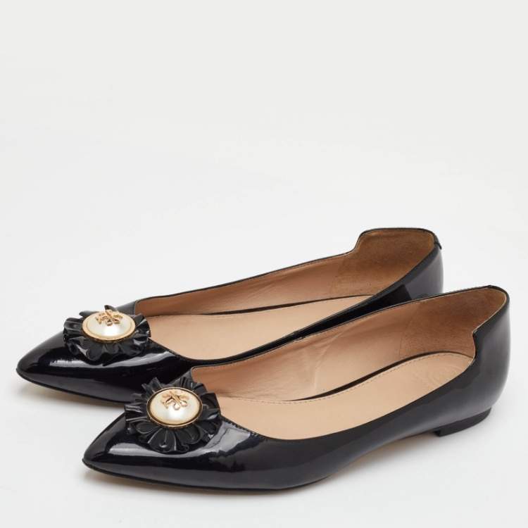 Pre Owned Tory Burch Melody Pearl Size 38 Black Patent Leather Ballet Flats