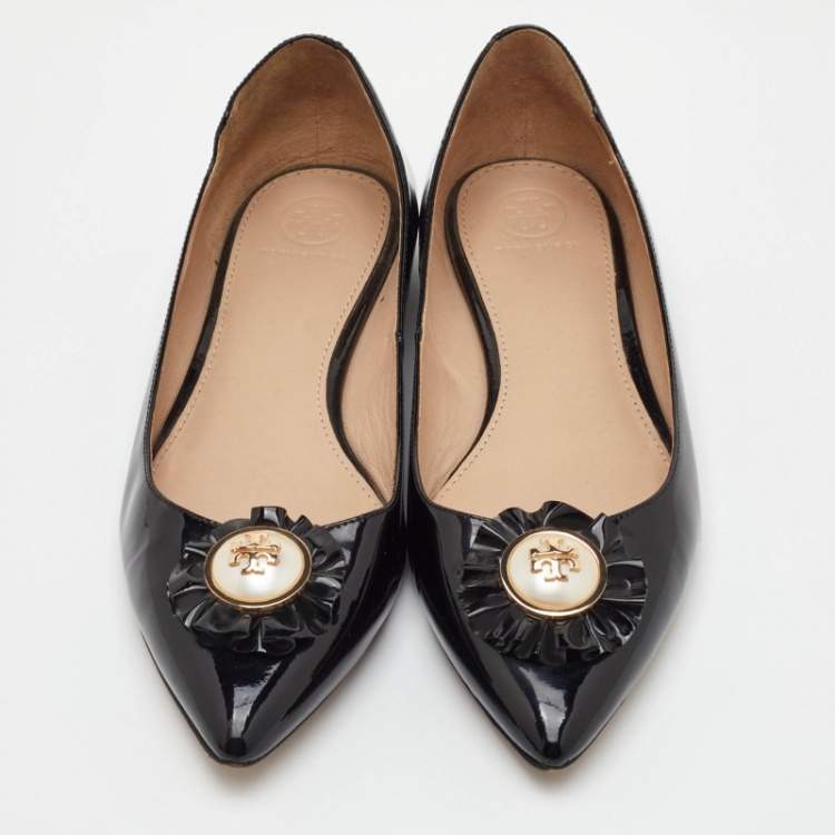 Pre Owned Tory Burch Melody Pearl Size 38 Black Patent Leather Ballet Flats